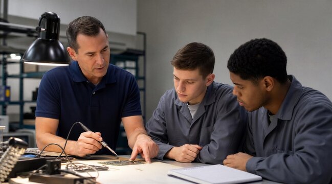 Instructor Teaching Apprentices Electronics Soldering in Workshop