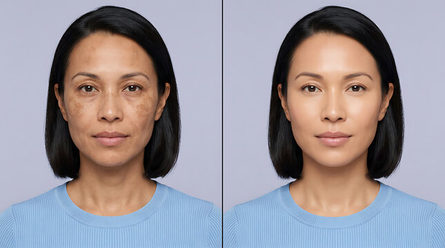 Side-by-side comparison showcasing the dramatic transformation of a woman's facial appearance after skincare treatment and