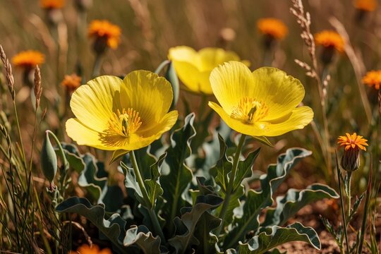 Bright yellow Glaucium flavum flowers bloom in a dry field. Serrated green leaves contrast with soft petals. Other small orange wildflowers and grasses grow nearby.
