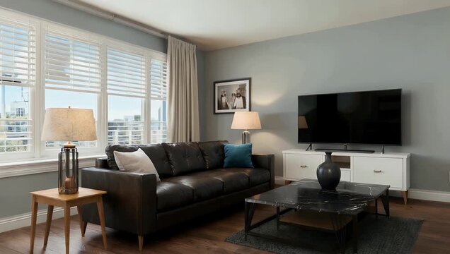 Luxurious 4K 3D animation rendering showcasing the modern interior design of an upscale residential living room highlighting contemporary high-end furniture placement and a large blank gallery photo