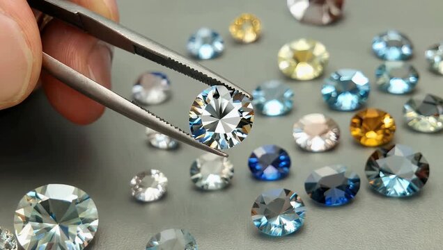 Luxurious 4K 3D close-up showcasing a precious faceted diamond securely clamped between the metal jaws of jewelers pliers with numerous other glittering loose gems scattered across the workspace