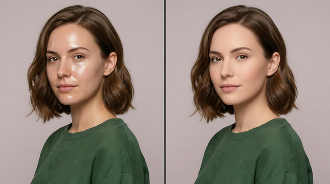 Side-by-side comparison of a woman's natural and retouched portrait emphasizing skin clarity and facial symmetry