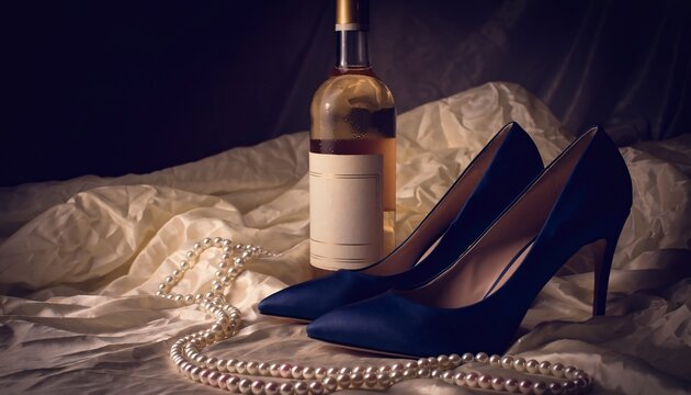 Elegant pair of navy blue high heels with a bottle of wine and pearls on satin fabric