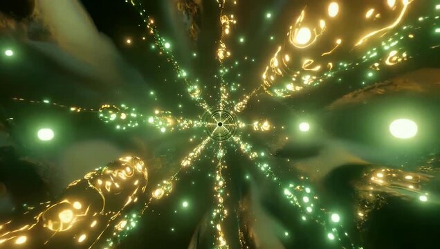 Luxurious 4K anamorphic video featuring an abstract premium motion graphic of brilliant green glittering heavenly light rays or divine particle dust gracefully moving diagonally across a dark frame