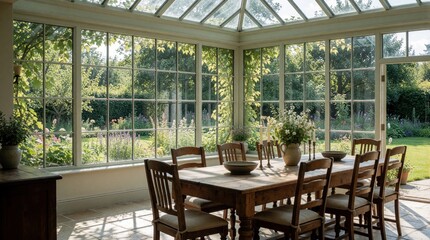 Fototapeta premium Dining room inside conservatory with large windows overlooking rich garden. Wooden table and chairs set for meal. Sunlight streams into glass house with plants.