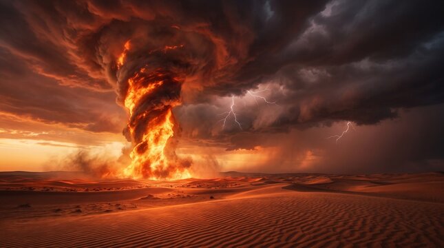 Massive burning desert tornado swirls with intense fiery flames amidst a dark stormy sky featuring bright electric lightning strikes overhead