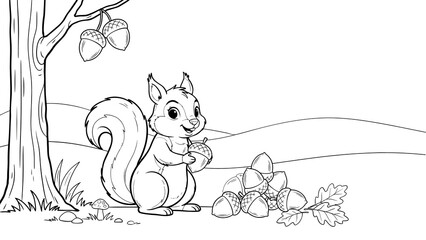 Cute squirrel coloring page, woodland forest animal with acorns outline, autumn theme, children activity illustration, line art © Aoum