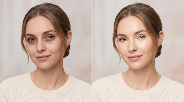 Side-by-side comparison of a young woman's facial appearance before and after makeup enhancement highlighting natural beauty