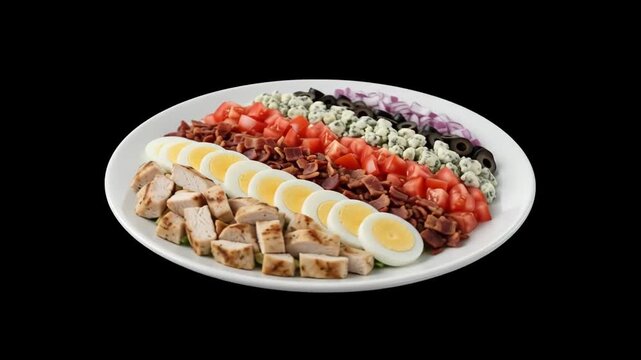 A vibrant 3D render of a classic American Cobb salad arranged neatly in rows on a platter, featuring diced grilled chicken, sliced hard-boiled eggs, crispy bacon, tomatoes, blue cheese, and red onions