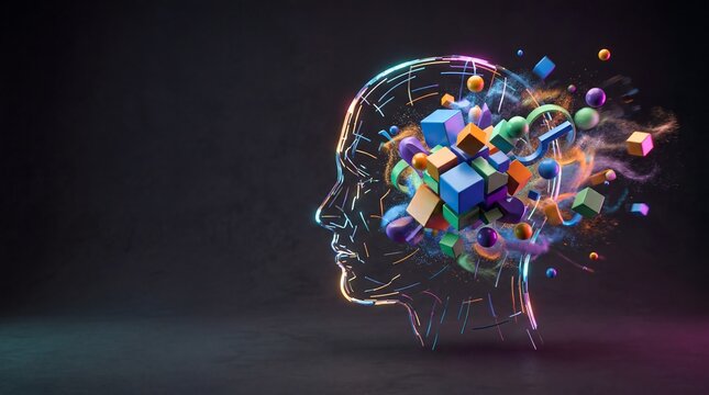 Abstract Brainstorming Concept: Colorful Cubes Exploding from Wireframe Head