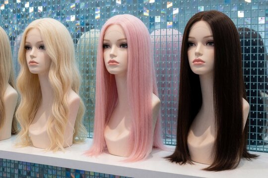 Three female mannequins display wigs in blonde pink and brown colors. Wigs vary in style and length presented on shelf against sparkly background. Salon display shows hair options.