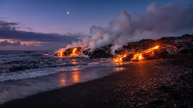 Glowing orange lava flows down volcanic black sand beach into the dark ocean waves under a soft crescent moon sky