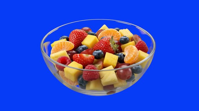 A vibrant and refreshing fruit salad containing sliced strawberries, blueberries, diced pineapple, mango, and mandarin orange segments in a clear glass bowl. Isolated on a bright blue screen backdrop.