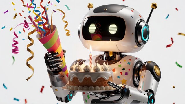 Cute robot holding a birthday cake and party popper with colorful confetti celebration