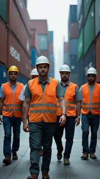 Group of male workers in safety vests and helmets confidently walking through a cargo container yard, symbolizing teamwork, logistics, and industrial workforce environment.