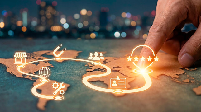 A finger tapping on a digital map showcasing global business connectivity and customer journey for a concept of international business.