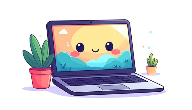 Cute Cartoon Laptop Icon Isolated on White Background for Digital Productivity Remote Work and Technology