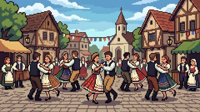 Pixel art of people dancing in a traditional village square festival