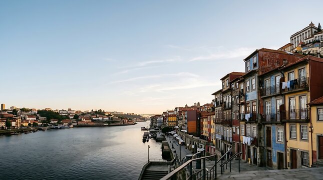 Colorful historic buildings along the douro river at sunset in porto