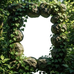 Obraz premium Stone archway covered with ivy plants. Rocks form a natural frame overgrown with green leaves. Lush garden or forest setting with organic shapes.