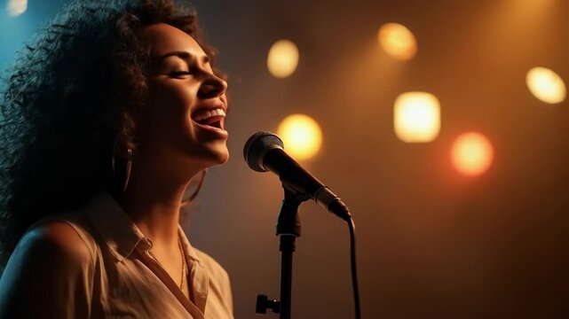 The joyful woman with microphone.