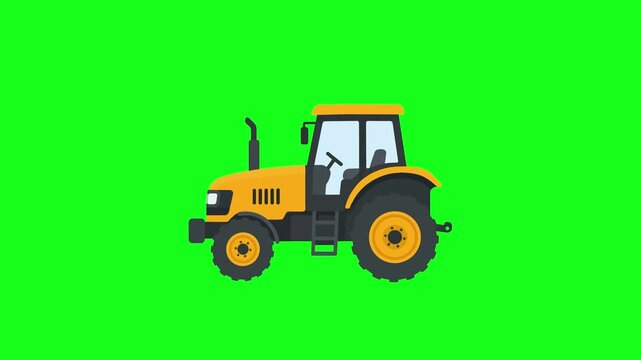 Tractor animated yellow farm vehicle idling with engine vibration motion 4k chroma key green screen background
