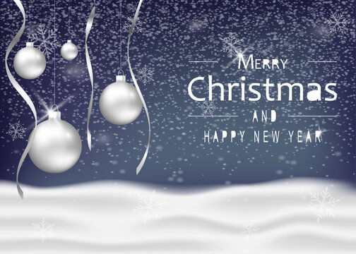 Christmas and New Year greeting card with white baubles, silver ribbons, snowflakes and falling snow on a blue winter background with festive holiday typography. 