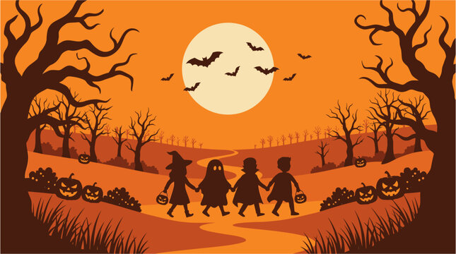 Spooky halloween background vector illustration featuring silhouettes of children trick or treating in a haunted forest landscape