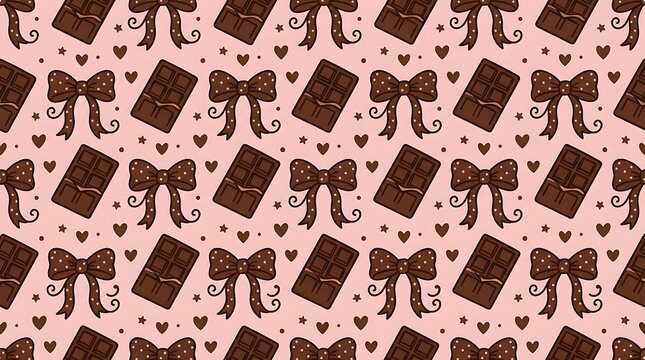 Seamless chocolate bar and polka dot bow pattern on pink background