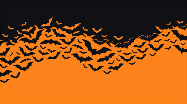 Spooky halloween background vector illustration featuring a swarm of flying bats on a black and orange backdrop
