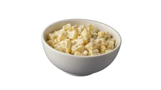 A mouthwatering 3D render of a white ceramic bowl filled with creamy homemade potato salad seasoned with herbs, set against an isolated white studio background. Excellent for deli menu ads, picnic foo