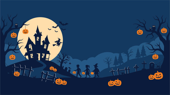 Spooky halloween background vector illustration featuring a haunted house silhouette with pumpkins and children trick or treating at night