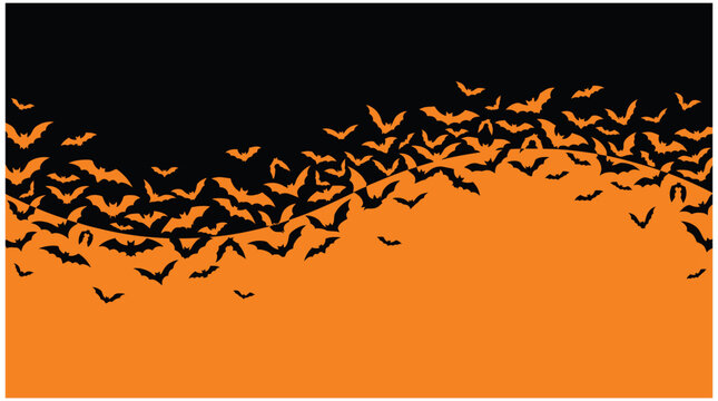 Spooky halloween background vector illustration featuring a swarm of flying bats on orange and black colors