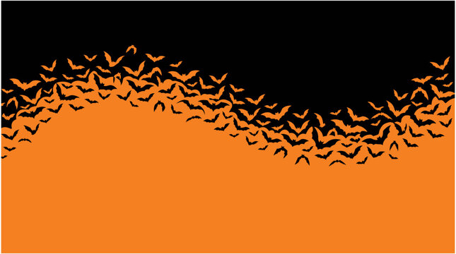 A spooky halloween background vector illustration featuring a swarm of flying bats on orange and black colors