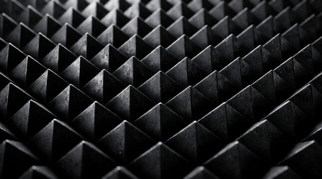 Ultra-realistic macro close-up of a repeating geometric surface made of tightly arranged black metallic pyramid studs, forming a precise symmetrical pattern across the entire frame. Dramatic direction