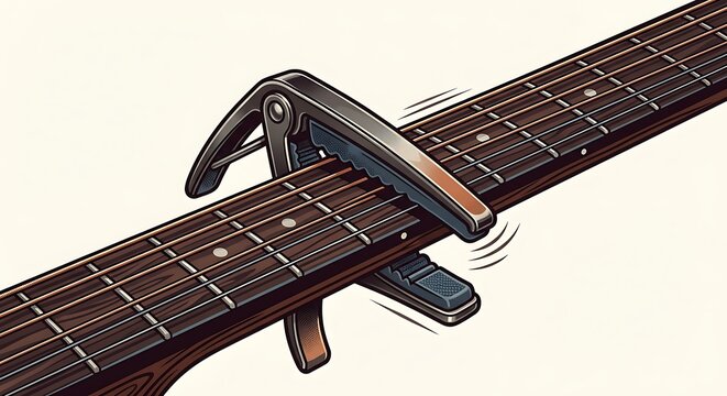 Metal guitar capo clamped onto a wooden fretboard
