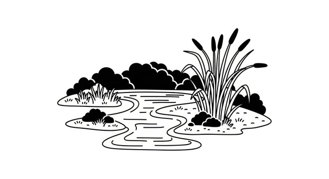 Black and white illustration of cattails.
