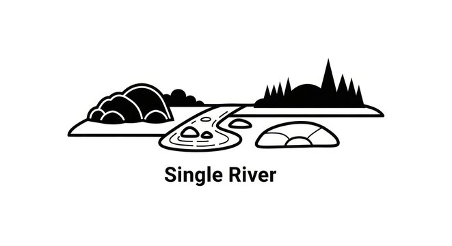 Black and white river landscape illustration.