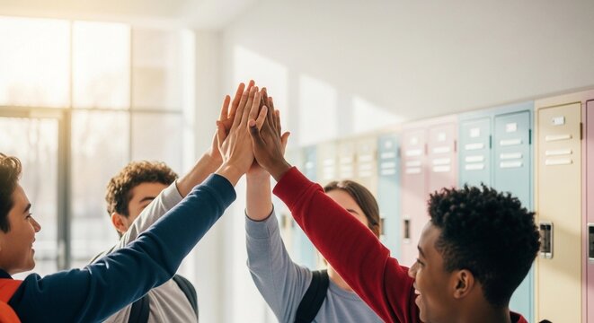 Group of diverse teenagers high fiving in school hallway
