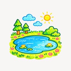 Fototapeta premium Colorful cartoon pond scene