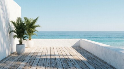 Obraz premium Empty wooden terrace with potted palms overlooks calm turquoise ocean under clear blue sky. White wall casts shadow on weathered planks. Peaceful seaside view.