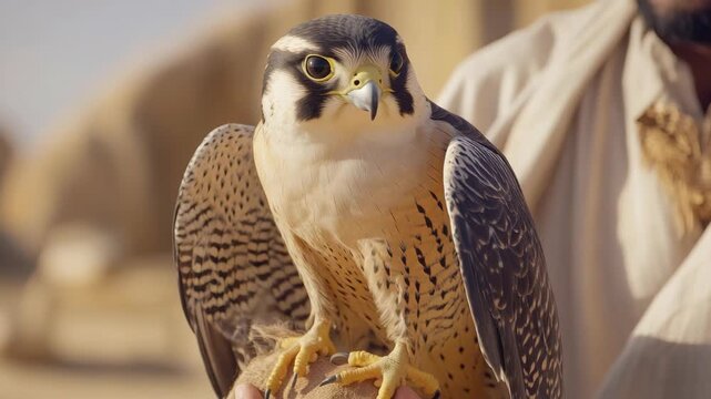 A falcon is perched on a person's gloved hand.