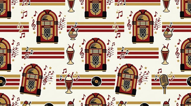 Vintage diner seamless pattern with jukebox and music elements