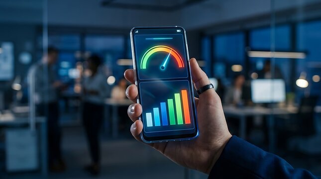 Smartphone data analytics app held in hand, business performance dashboard on mobile screen, modern office background