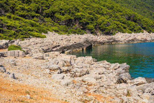 Soline Channel connecting Veliko Jezero in Mljet National Park with the Adriatic Sea on Mljet Island Croatia. Unique coastal landscape where saltwater lake meets the open sea.