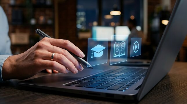 E-learning digital education concept with student hand using stylus on laptop, online learning technology interface