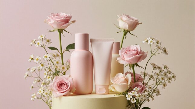 Pastel skincare products like cream, lotion arranged with soft pink roses, white wildflowers. Gentle beauty items with floral accents create serene, natural display perfect for cosmetic promotions.