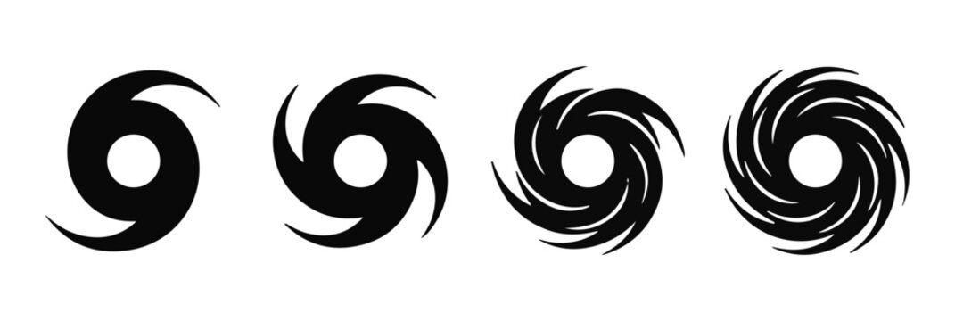 Set of four abstract swirling vortex or hurricane icons in black with hurricane