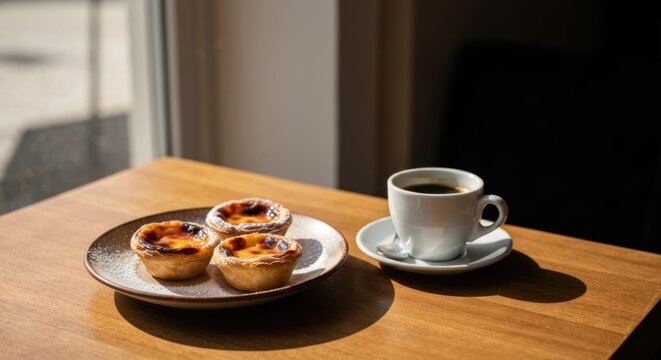 A sunlit scene of pastries and coffee on a wooden table, near a window