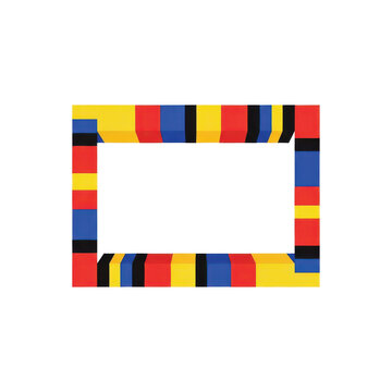 Colorful geometric border made of 3d primary color blocks with white copy space on white background